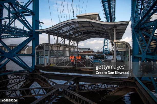 Cars are taken across the River Tees on the Transporter Bridge on February 8, 2017 in Middlesbrough, United Kingdom. The iconic Transporter Bridge,...