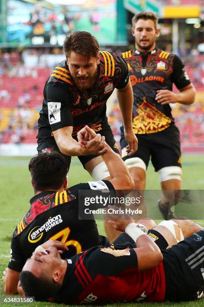 Chiefs celebrate a try by Luke Jacobson during the Rugby Global Tens Final match between Chiefs and Crusaders at Suncorp Stadium on February 12, 2017...