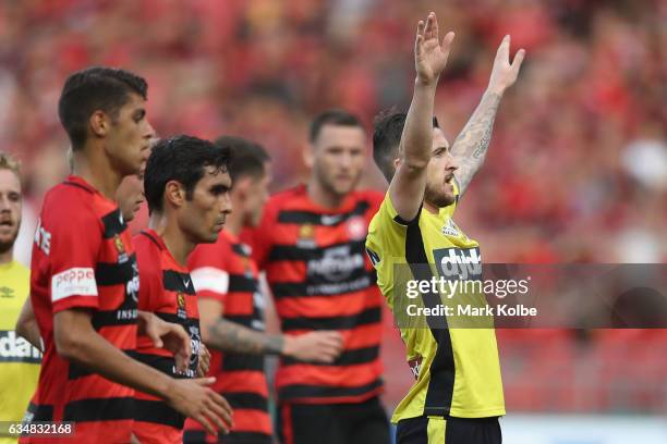 Roy O'Donovan of the Mariners celebrates scoring a goal during the round 19 A-League match between the Western Sydney Wanderers and the Central Coast...