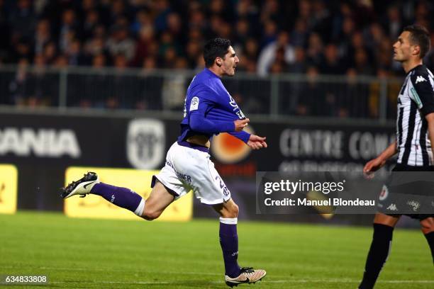 Yann Bodiger of Toulouse celebrates after scoring a goal after the football french Ligue 1 match between Angers SCO and Toulouse FC on May 14, 2016...