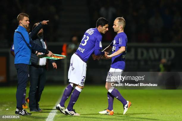 Yann Bodiger of Toulouse comes on as a substitute for Etienne Didot during the football french Ligue 1 match between Angers SCO and Toulouse FC on...