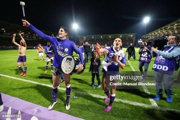 Adrien Regattin and Yann Bodiger of Toulouse celebrate after the football french Ligue 1 match between Angers SCO and Toulouse FC on May 14, 2016 in...