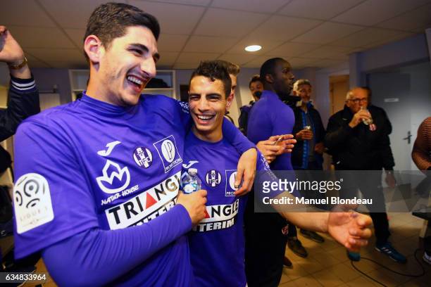 Wissam Ben Yedder and Yann Bodiger of Toulouse celebrate after the football french Ligue 1 match between Angers SCO and Toulouse FC on May 14, 2016...