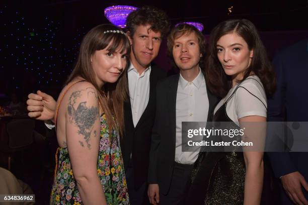 Actor Lena Dunham, guest, Beck and Lorde attend Pre-GRAMMY Gala and Salute to Industry Icons Honoring Debra Lee at The Beverly Hilton on February 11,...