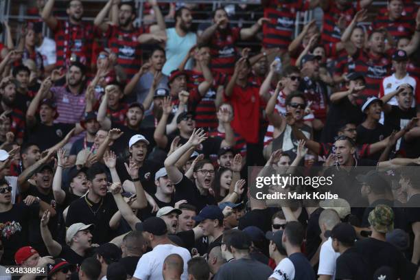The Wanderers fans chant at each other during the round 19 A-League match between the Western Sydney Wanderers and the Central Coast mariners at...