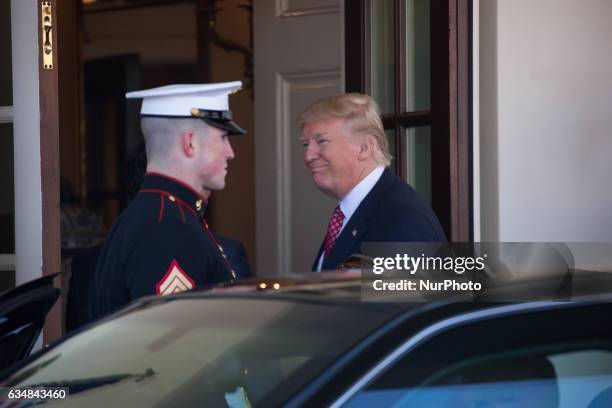 President Donald Trump welcomed Japanese Prime Minster Shinz Abe to the West Wing of the White House in Washington, DC on February 10, 2017.