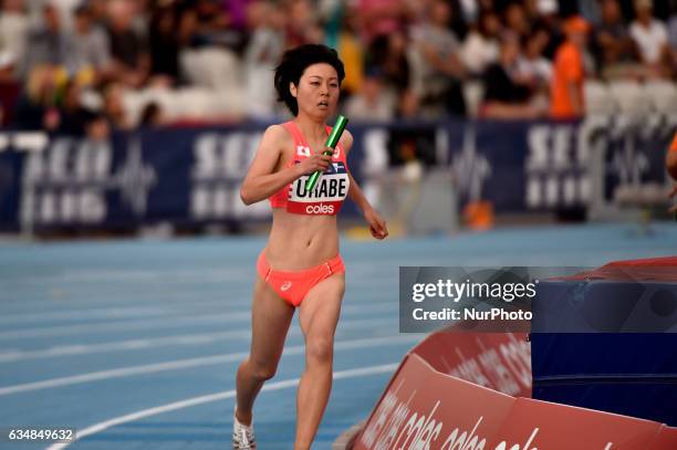 Ran Urabe of Japan running in the mixed 2000m Relay at Nitro Athletics at Lakeside Stadium on February 11, 2017 in Melbourne, Australia.