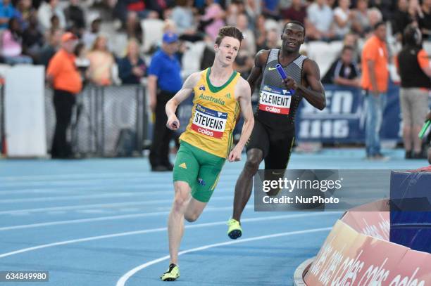 Luke Stevens of Australia with Kerron Clement of England in the background during the 2x300m Relay at Nitro Athletics at Lakeside Stadium on February...