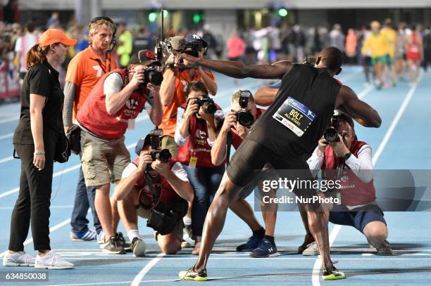 Usain Bolt of the Bolt All Stars poses for photographers at Nitro Athletics at Lakeside Stadium on February 11, 2017 in Melbourne, Australia.