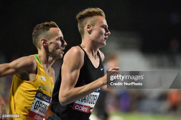 Ryan Gregson of Australia trails Matthew Ramsden of the Bolt All Stars during the Men's 1 mile elimination race at Nitro Athletics at Lakeside...