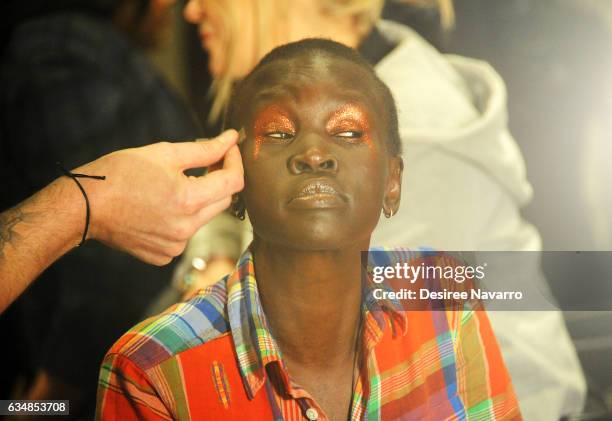 Model Alek Wek prepares backstage at the Christian Siriano show during, New York Fashion Week: The Shows at The Plaza Hotel on February 11, 2017 in...