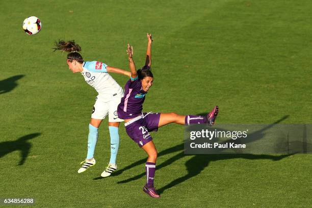 Samantha Kerr of the Perth Glory pleads with Referee Kate Jacewicz after being man handled by Lauren Barnes of Melbourne City during the 2017...