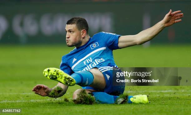 Kyriakos Papadopoulos of Hamburger SV in action during the Bundesliga match between RB Leipzig and Hamburger SV at Red Bull Arena on February 11,...