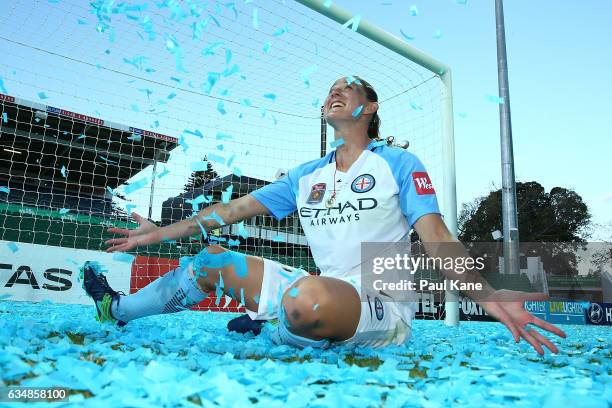 Laura Alleway of Melbourne City plays with confetti after winning the 2017 W-League Grand Final match between the Perth Glory and Melbourne City FC...