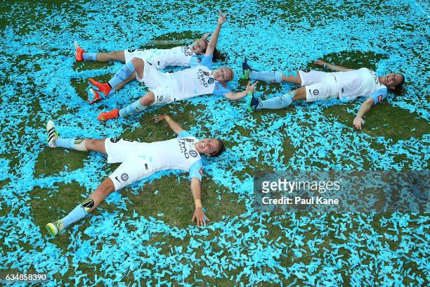 Melbourne City players play in the confetti after winning the 2017 W-League Grand Final match between the Perth Glory and Melbourne City FC at nib...