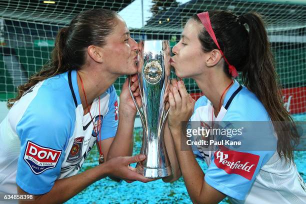 Laura Alleway and Erika Tymrak of Melbourne City kiss the trophy after winning the 2017 W-League Grand Final match between the Perth Glory and...