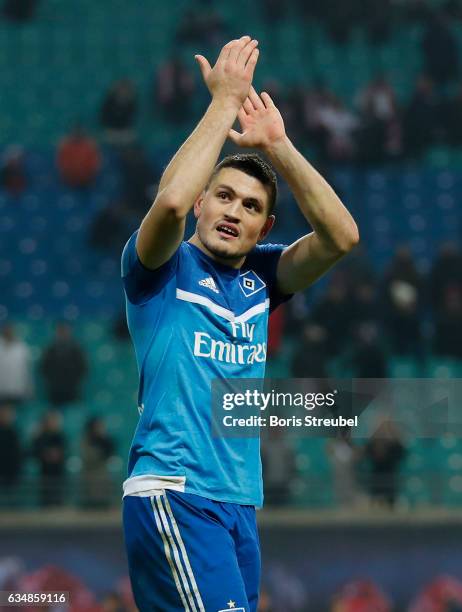 Kyriakos Papadopoulos of Hamburger SV celebrates after winning the Bundesliga match between RB Leipzig and Hamburger SV at Red Bull Arena on February...