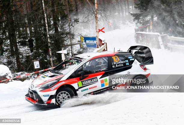 Jari Matti Latvala of Finland and his co-driver Miikka Anttila compete in their Toyota Yaris WRC during the 17th stage of the Rally Sweden, second...