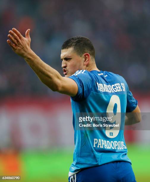 Kyriakos Papadopoulos of Hamburger SV reacts during the Bundesliga match between RB Leipzig and Hamburger SV at Red Bull Arena on February 11, 2017...