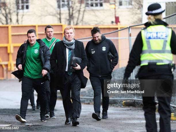 Hibernian Manager, Neil Lennon arrives prior to the Scottish Cup fifth round match between Heart of Midlothian and Hibernian at Tynecastle Stadium on...