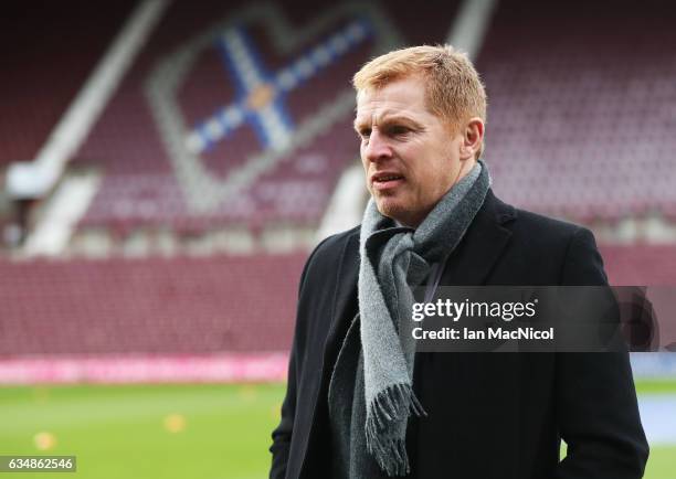 Hibernian Manager, Neil Lennon arrives prior to the Scottish Cup fifth round match between Heart of Midlothian and Hibernian at Tynecastle Stadium on...