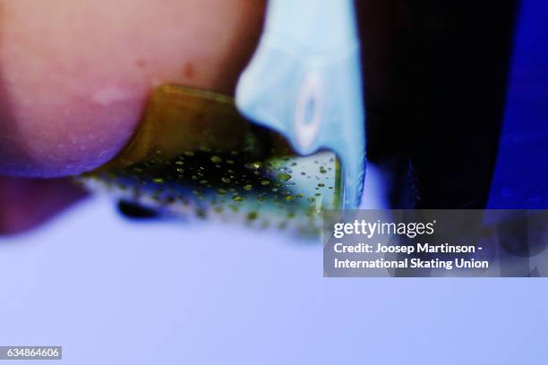 So Youn Lee of Korea goggle detail after the Ladies 500m quarter final during day two of the ISU World Cup Short Track at Minsk Arena on February 12,...