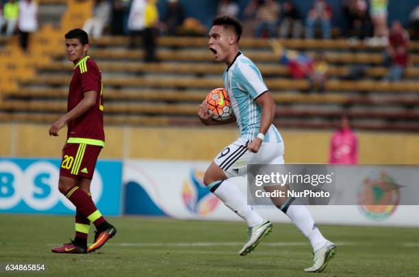 Lautaro Martínez of Argentina celebrates the second goal against Venezuela in the South American Sub20 tournament played in the Olípico Atahualpa...