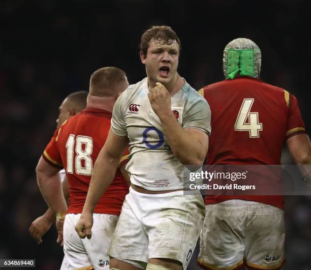 Joe Launchbury of England celebrates their victory during the RBS Six Nations match between Wales and England at the Principality Stadium on February...