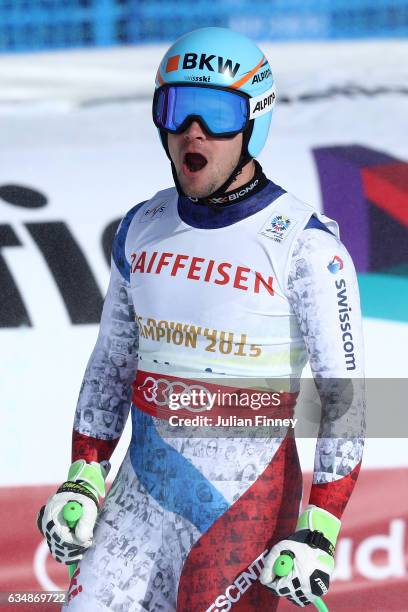 Patrick Kueng of Switzerland celebrates at the finish in the Men's Downhill during the FIS Alpine World Ski Championships on February 12, 2017 in St...