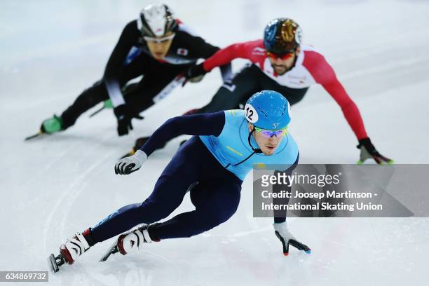 Denis Nikisha of Kazakhstan competes in the Men's 500m semi final during day two of the ISU World Cup Short Track at Minsk Arena on February 12, 2017...