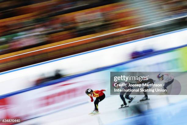 Qichao Zhang of China leads the pack in the Ladies 500m semi final during day two of the ISU World Cup Short Track at Minsk Arena on February 12,...
