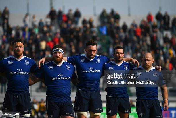 Treviso , Italy - 12 February 2017; Leinster players during a moments silence in memory of Joost van der Westhuizen of South Africa, who passed away...