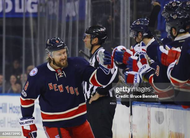 Kevin Klein of the New York Rangers celebrates his second goal of the game against the Colorado Avalanche at Madison Square Garden on February 11,...