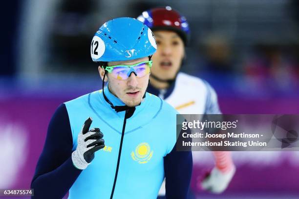 Denis Nikisha of Kazakhstan celebrates in the Men's 500m final during day two of the ISU World Cup Short Track at Minsk Arena on February 12, 2017 in...