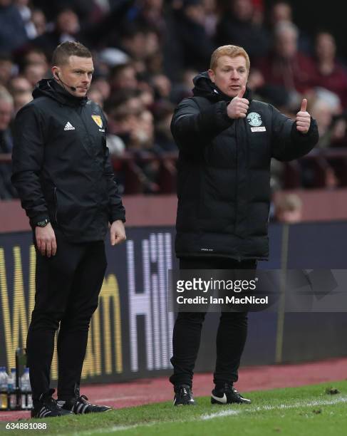 Neil Lennon the manager of Hibernian gestures during the Scottish Cup fifth round match between Heart of Midlothian and Hibernian at Tynecastle...