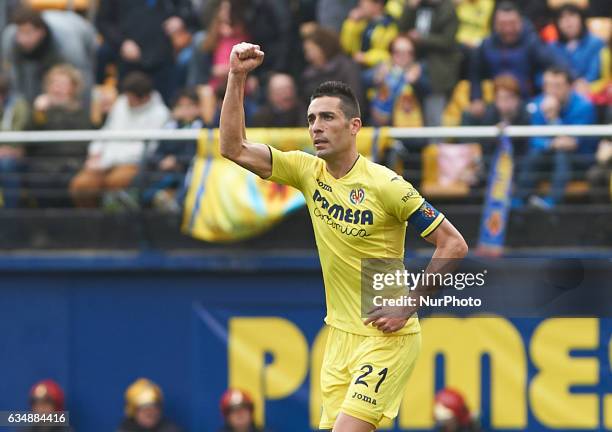 Bruno Soriano of Villarreal CF celebrates their goal during their La Liga match between Villarreal CF and Malaga CF at the Estadio de la Ceramica on...