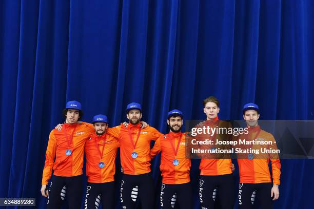 Team Netherlands pose after the Men's 5000m relay final during day two of the ISU World Cup Short Track at Minsk Arena on February 12, 2017 in Minsk,...