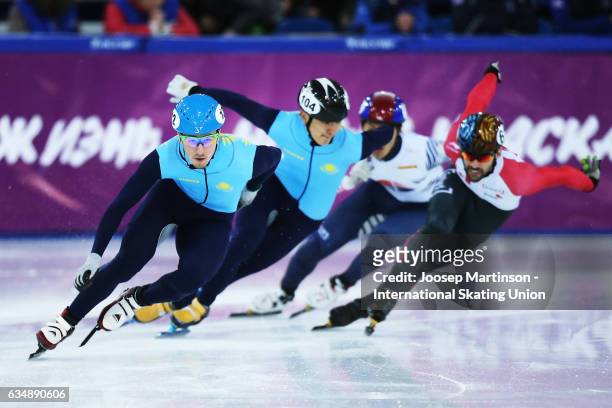 Denis Nikisha of Kazakhstan competes in the Men's 500m final during day two of the ISU World Cup Short Track at Minsk Arena on February 12, 2017 in...