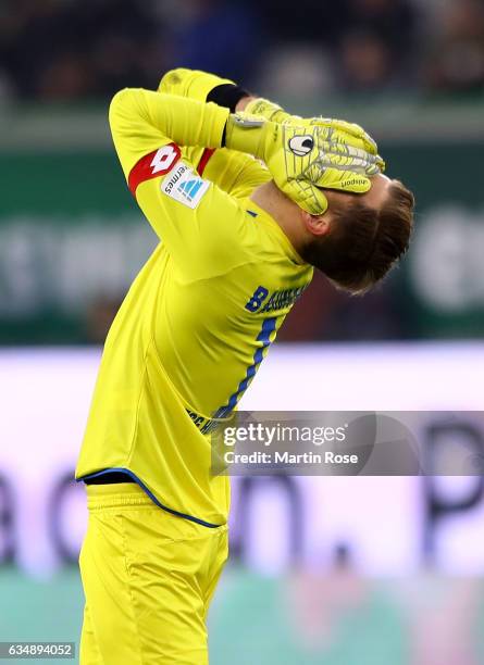 Oliver Baumann of Hoffenheim reacts during the Bundesliga match between VfL Wolfsburg and TSG 1899 Hoffenheim at Volkswagen Arena on February 12,...