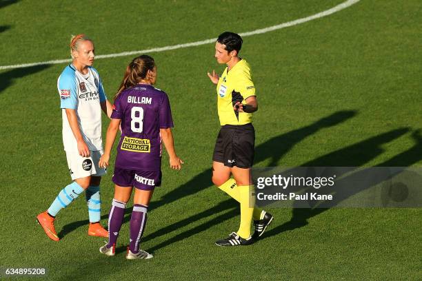 Referee Kate Jacewicz talks with Teigen Allen of Melbourne City and Shawn Billam of the Perth Glory during the 2017 W-League Grand Final match...