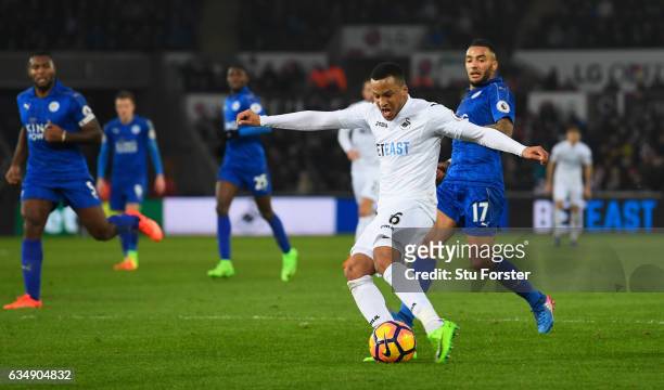 Martin Olsson of Swansea City scores their second goal during the Premier League match between Swansea City and Leicester City at Liberty Stadium on...