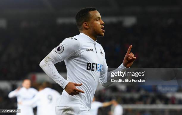 Martin Olsson of Swansea City celebrates as he scores their second goal during the Premier League match between Swansea City and Leicester City at...