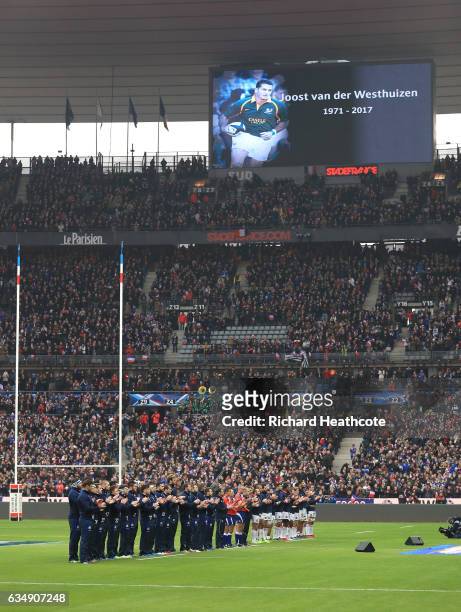 The teams applaud in honour of Joost van der Westhiuzen of South Africa, who passed away earlier this week during the RBS Six Nations match between...