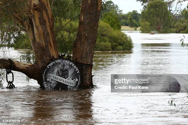 Property sign fixed to a tree near Maali bridge is seen as flood waters rise in the Swan River on February 12, 2017 in the suburb of Herne Hill in...