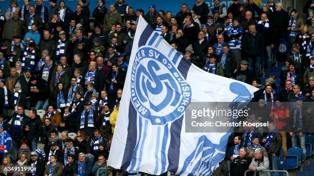 Fans of Duisburg wave flags prior to the Third League match between MSV Duisburg and Preussen Muenster at Schauinslandreisen-Arena on February 12,...
