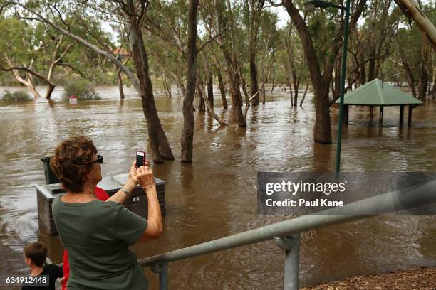 Sightseers take photos of a flooded Middle Swan Reserve picnic area, as flood waters are seen in the Swan River on February 12, 2017 in the suburb of...