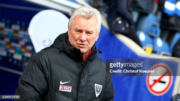Head coach Benno Moehlmann of Muenster looks on prior to the Third League match between MSV Duisburg and Preussen Muenster at...