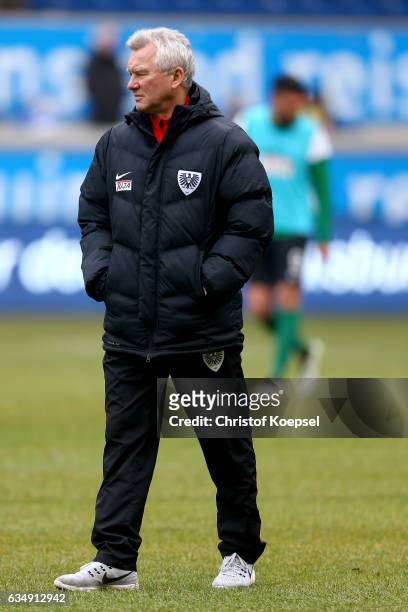Head coach Benno Moehlmann of Muenster looks on prior to the Third League match between MSV Duisburg and Preussen Muenster at...