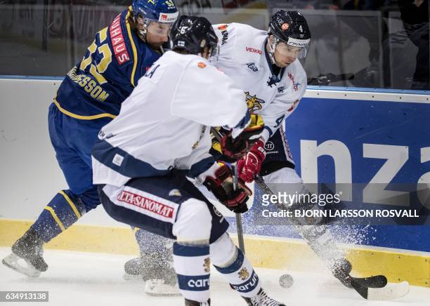 Sweden's Andreas Thuresson chases Finlands Niko Mikkola and Tommi Kivisto during the Sweden Hockey Games match Sweden vs Finland at the Scandinavium...