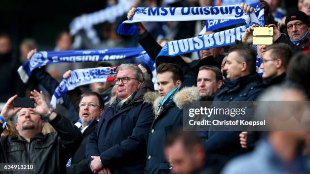 Fans of Duisburg celebrate during the Third League match between MSV Duisburg and Preussen Muenster at Schauinslandreisen-Arena on February 12, 2017...